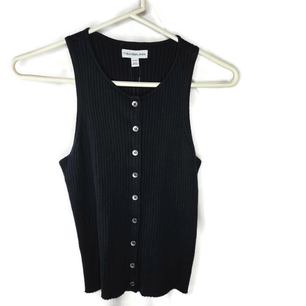 Calvin Klein Black Button-down Sleeveless Fitted Ribbed Sweater Size XL NWT